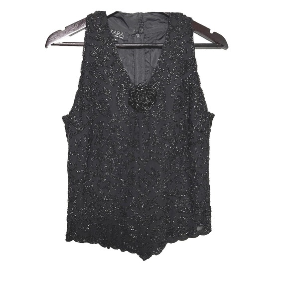 Vintage JKARA Women's Beaded Halter Top Black Size 6‎ Floral V-Neck Romantic 90s - Picture 3 of 10